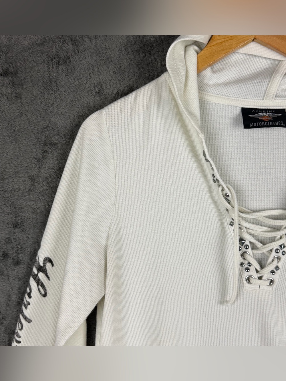 Harley Davidson White Cream Waffle Lace Up Skull Thermal Hoodie Women's Large - Picture 6 of 15